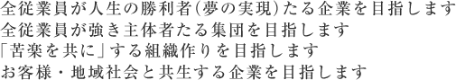 全従業員が人生の勝利者(夢の実現)たる企業を目指します 全従業員が強き主体者たる集団を目指します 「苦楽を共に」する組織作りを目指します お客様・地域社会と共生する企業を目指します