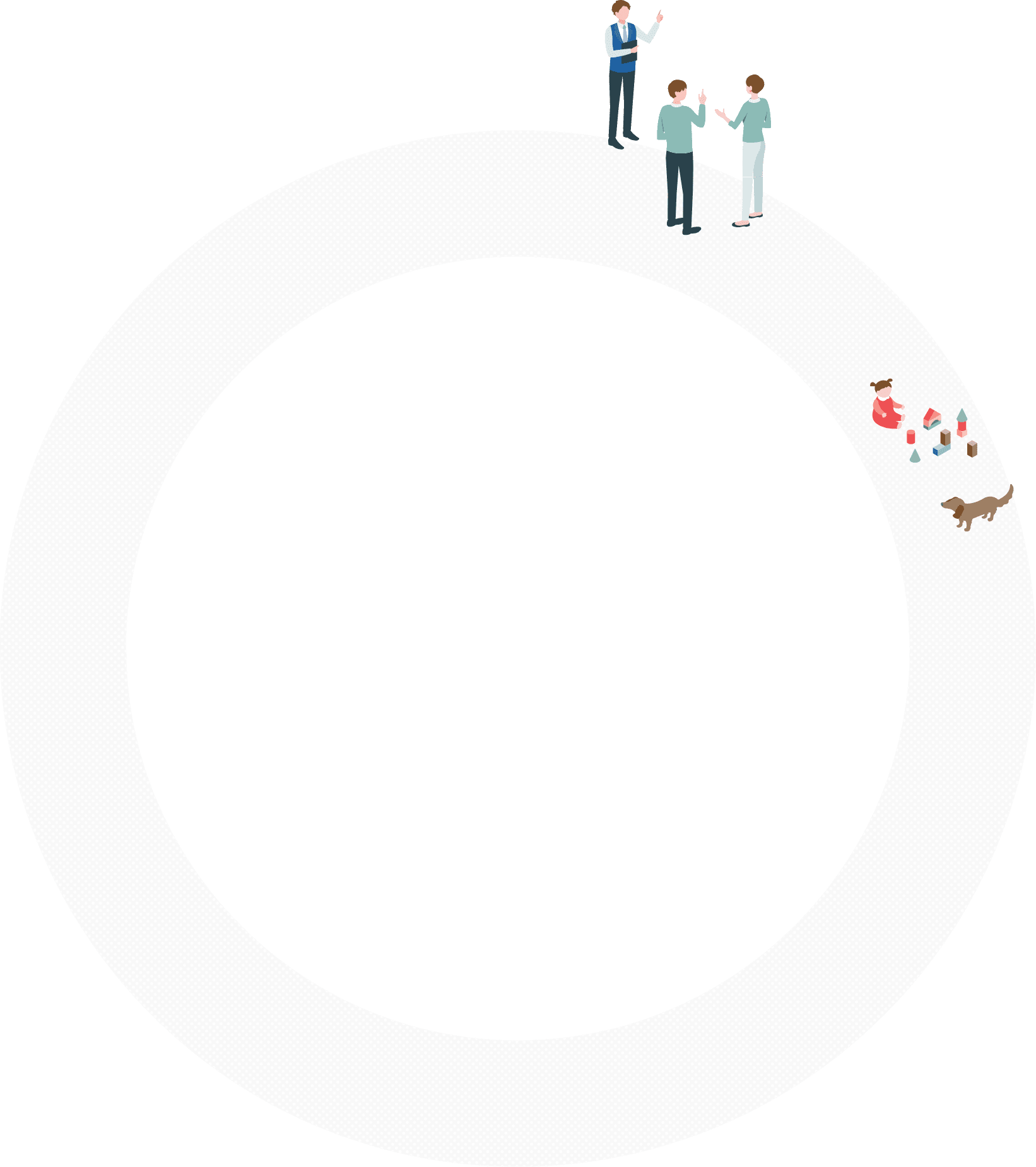 話す人々とおもちゃで遊ぶあかちゃんと犬